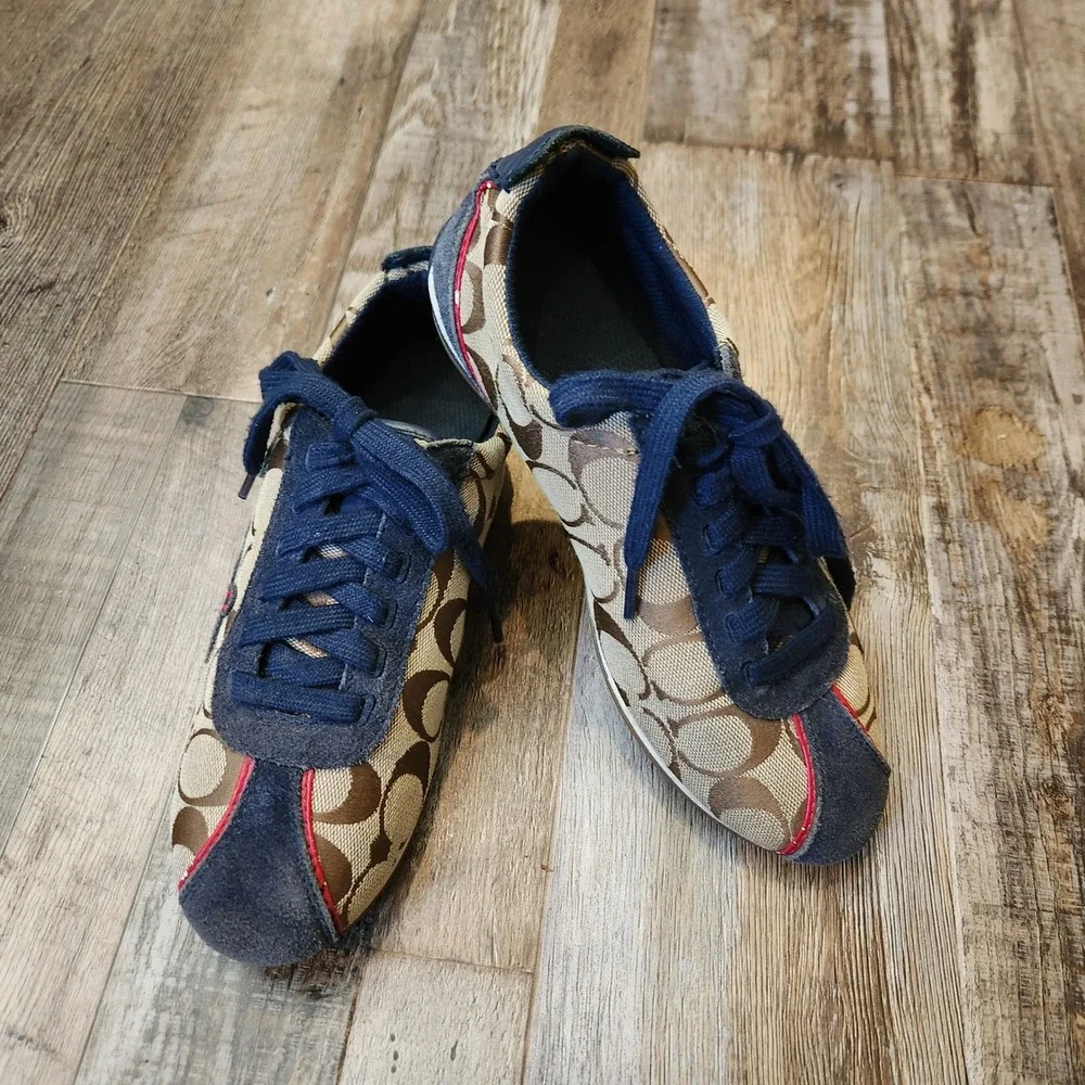 Coach Devin Signature Monogram Navy Suede Tan Canvas Low Top‎ Sneakers 5.5 Logo